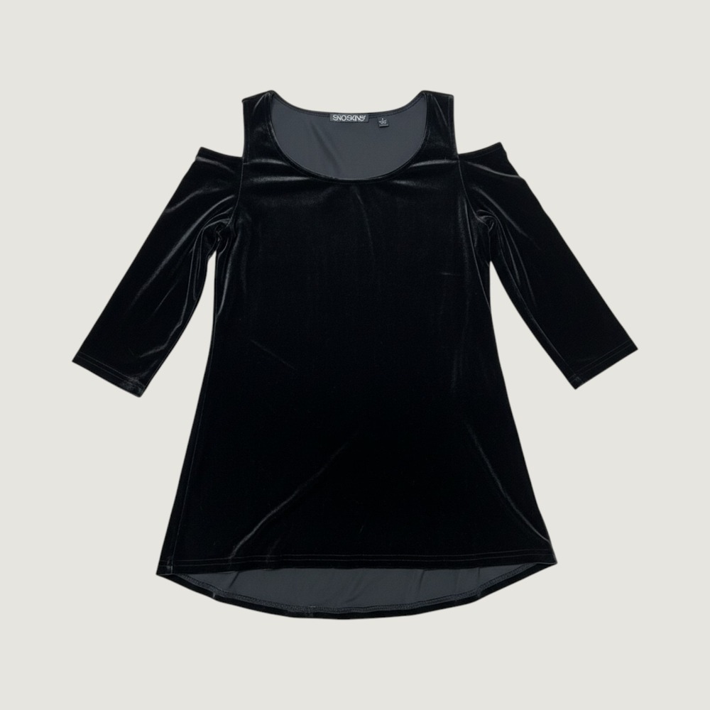 Sno Skins Black Velvet Cold Shoulder Tunic Top Small Made in USA Casual Relaxed